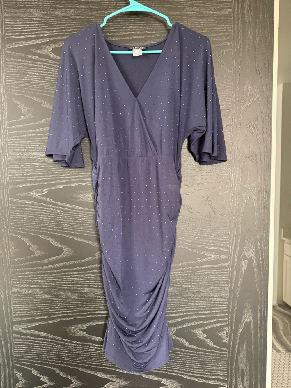 VENUS Navy Midi Dress with Rhinestone Accents